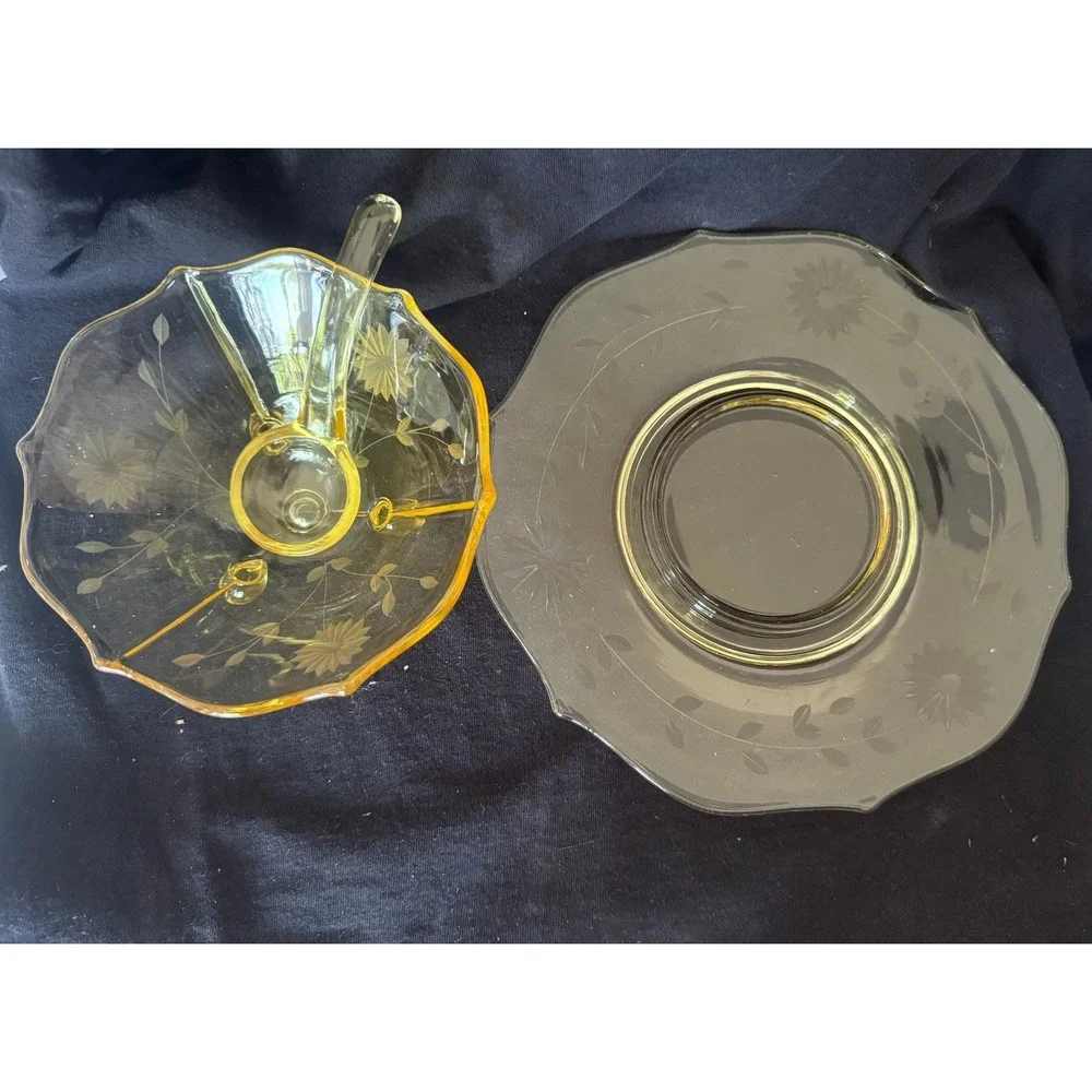 Vintage Yellow Depression Glass Etched Floral Bowl Underplate Ladle Set  MCM
